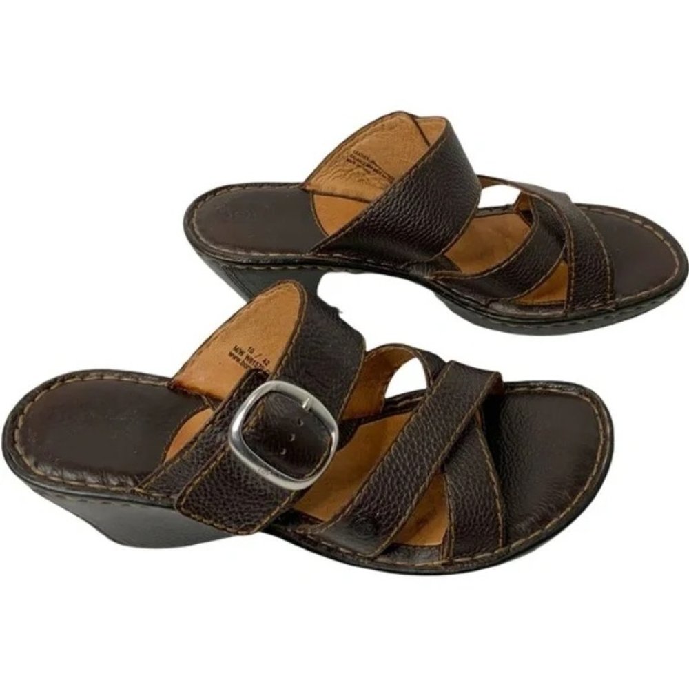 BORN Brown Leather Wedge Slide Comfort Sandals Size 10